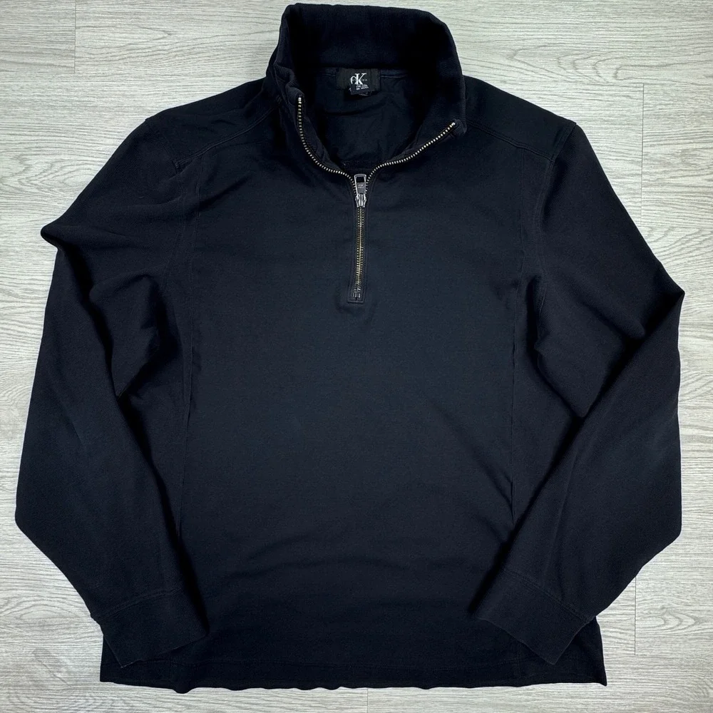 Calvin Klein Men's Pullover 1/4 Zip Mock Neck Black Large Cotton Classic Modern